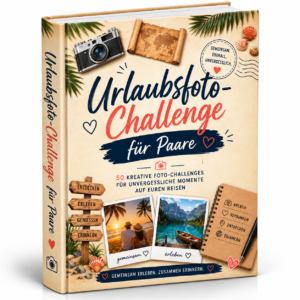 3D mockup of Urlaubsfoto-Challenge für Paare, a creative travel photo challenge book for couples